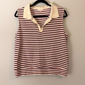 Cream, Red, and Blue Striped Sleeveless Collared Top